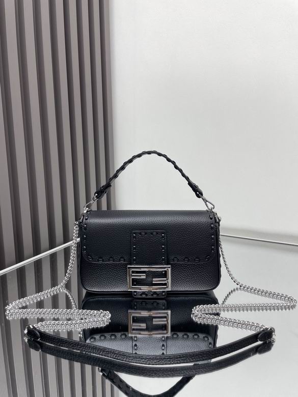Fendi Baguette Mini Shoulder Bag in Black Grained Leather with Chain Strap