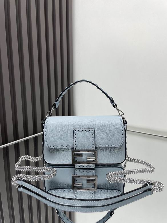 Fendi Baguette Medium Shoulder Bag in Light Blue Grained Leather with Chain
