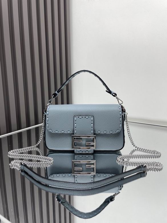 Fendi Baguette Mini Flap Bag with Chain in Light Blue Selleria Leather