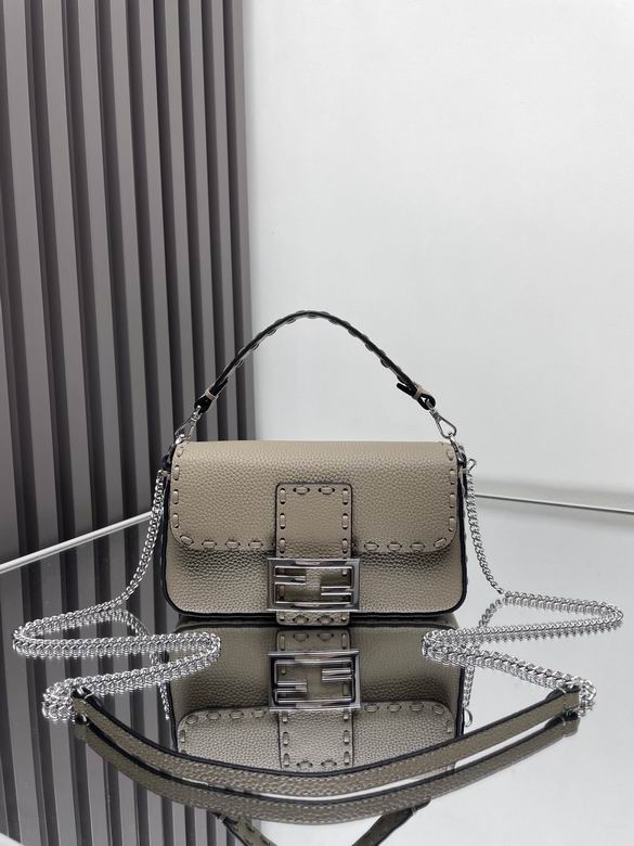 Fendi Baguette Medium Shoulder Bag in Taupe Grained Leather with Selleria Stitching