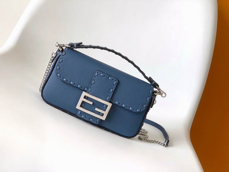 Fendi Baguette Mini Shoulder Bag in Blue Grained Leather with Selleria Stitching