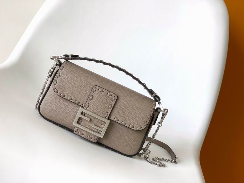 Fendi Baguette Mini Shoulder Bag in Greige Grained Leather with Topstitching