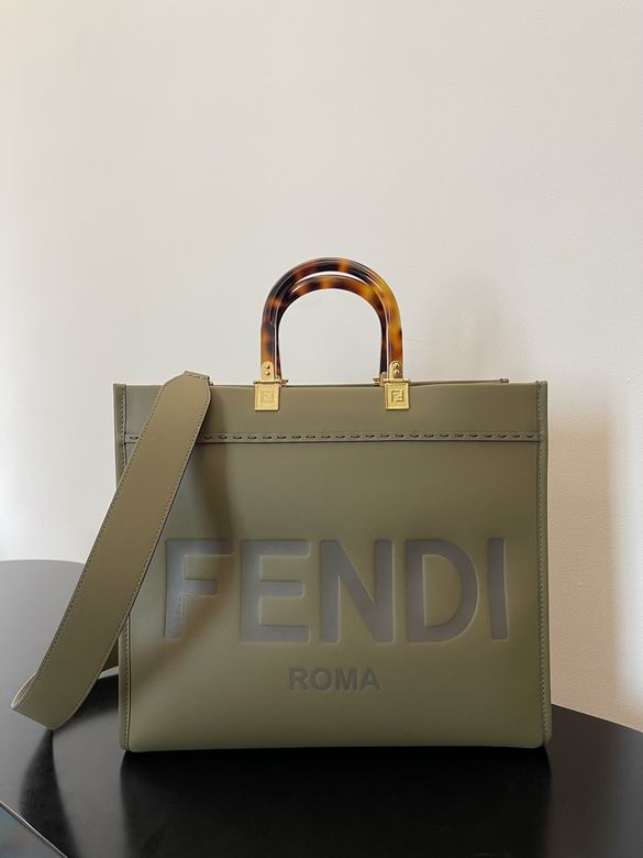 Fendi Sunshine Medium Tote Bag in Olive Green Leather with Tortoiseshell Handles