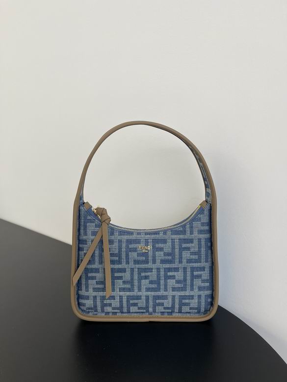 Fendi Mini Hobo Shoulder Bag in Blue FF Denim Jacquard with Taupe Leather Trim