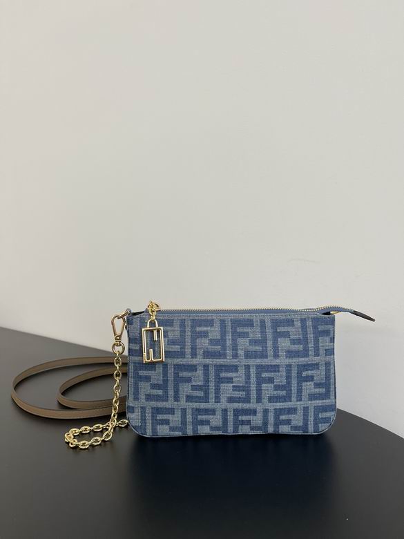 Fendi FF Denim Jacquard Pouch with Chain Charm and Crossbody Strap in Blue