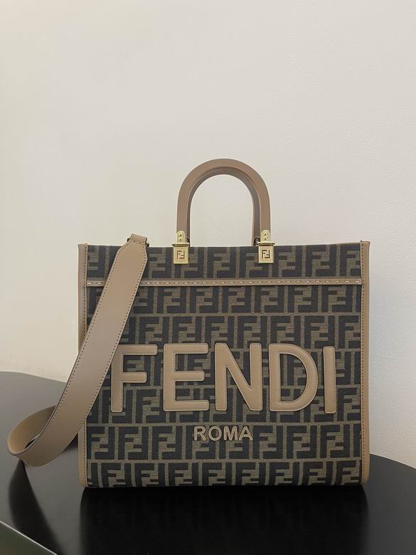 Fendi Sunshine Medium Shopper Tote in Brown FF Jacquard with Leather Lettering