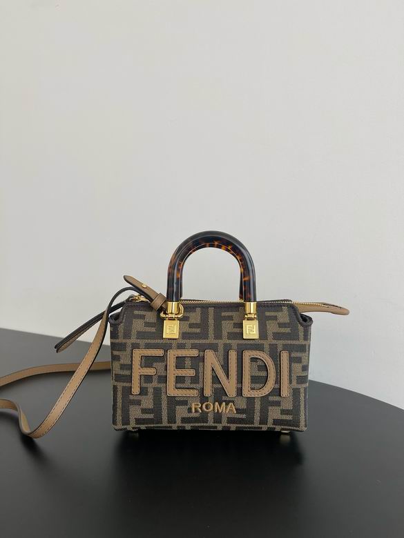 Fendi By The Way Mini Boston Bag in Brown FF Jacquard with Tortoiseshell Handle