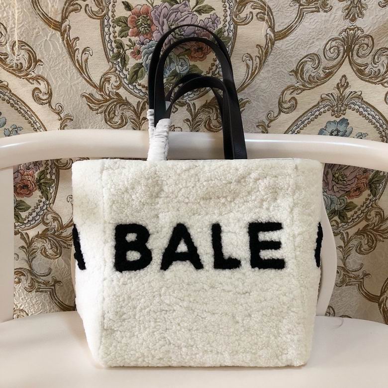 Balenciaga Shearling Tote Bag with Black Logo in White