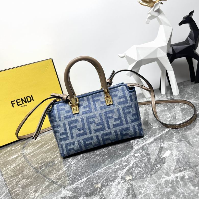 Fendi By The Way Mini Boston Bag in Blue FF Denim with Taupe Leather Handles