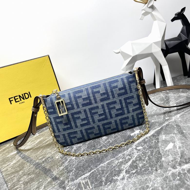 Fendi FF Denim Zip Pouch Shoulder Bag with Chain and Leather Strap in Blue
