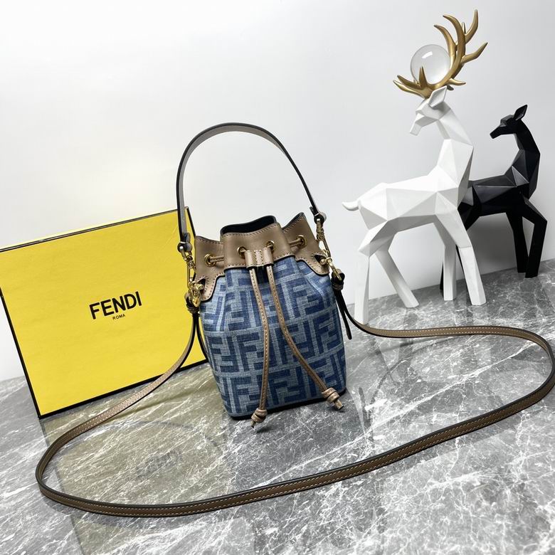 Fendi Mon Tresor Mini Bucket Bag in Blue FF Denim with Tan Leather