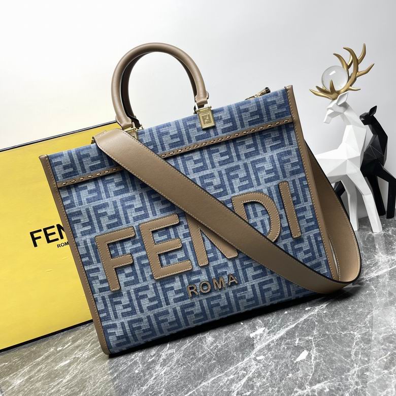 Fendi Sunshine Medium Tote in Blue FF Denim Jacquard with Taupe Leather