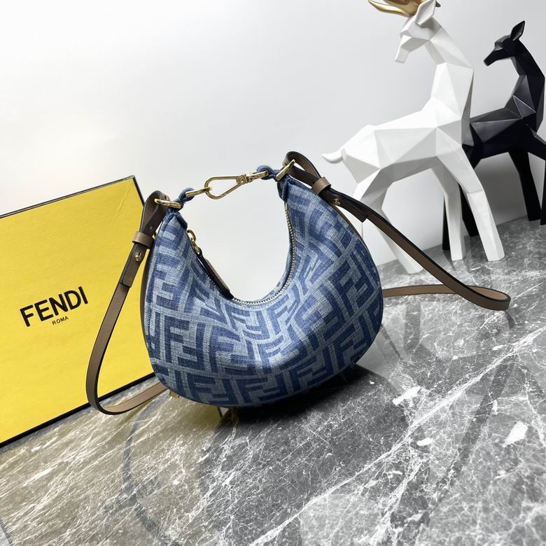 Fendi Fendigraphy Small Hobo Bag in Blue FF Denim with Taupe Leather Straps