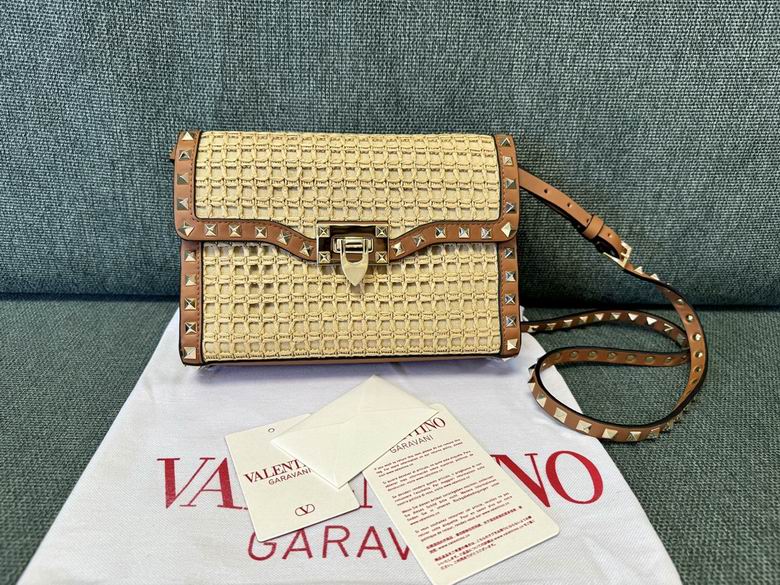Valentino Garavani Rockstud Crossbody Bag in Woven Natural Raffia with Tan Leather