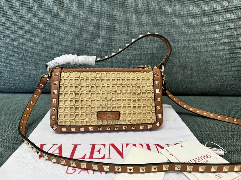 Valentino Rockstud Woven Raffia Shoulder Bag with Tan Leather and Studs