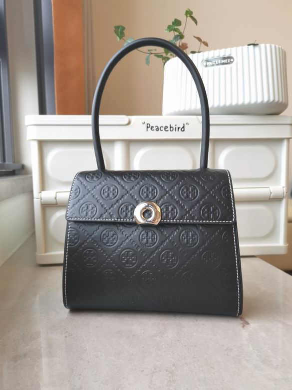 Tory Burch T Monogram Embossed Top-Handle Bag in Black Leather