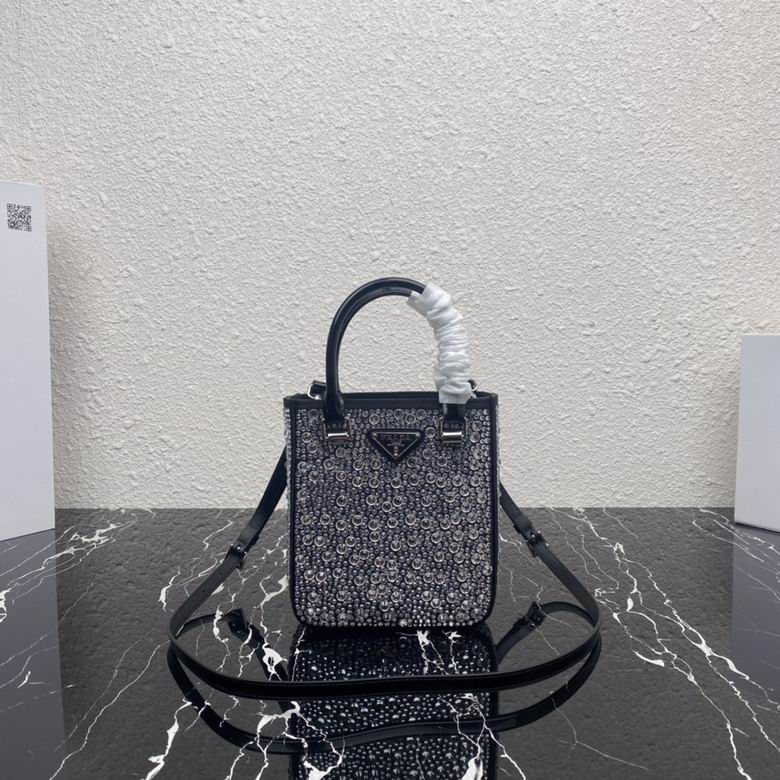Prada Mini Tote Bag with Crystals and Shoulder Strap in Black