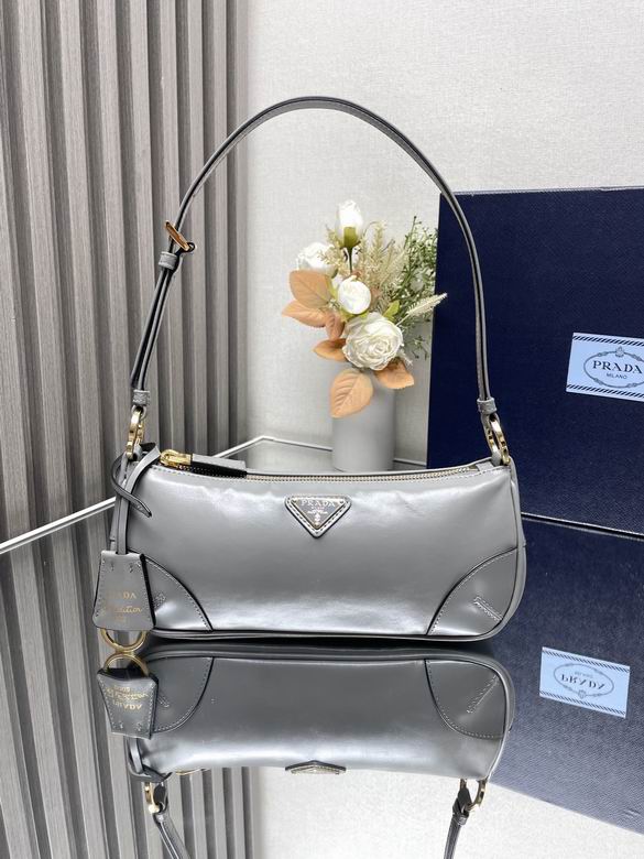 Prada Leather Shoulder Bag with Enameled Triangle Logo in Silver Gray
