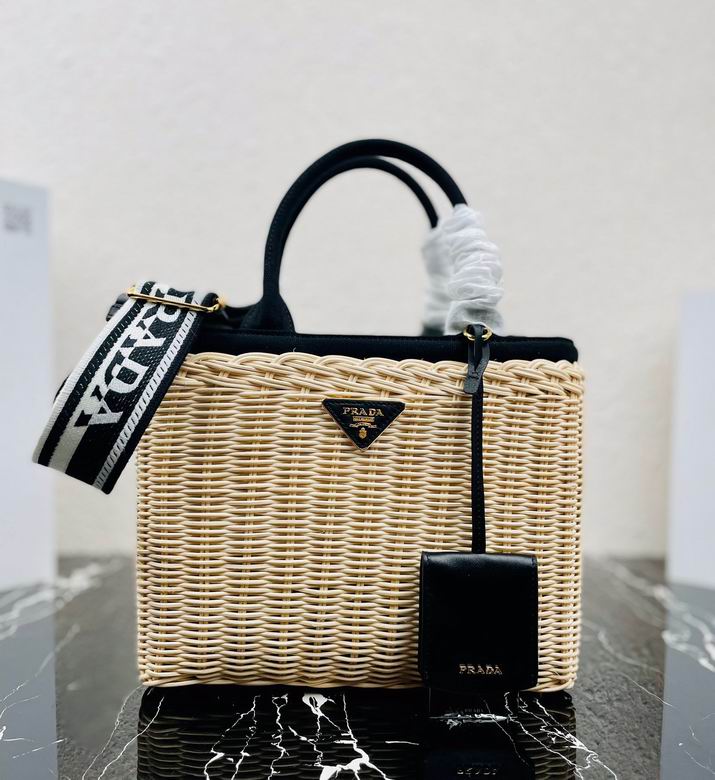 Prada Small Wicker and Canvas Tote Bag with Logo Shoulder Strap in Natural/Black