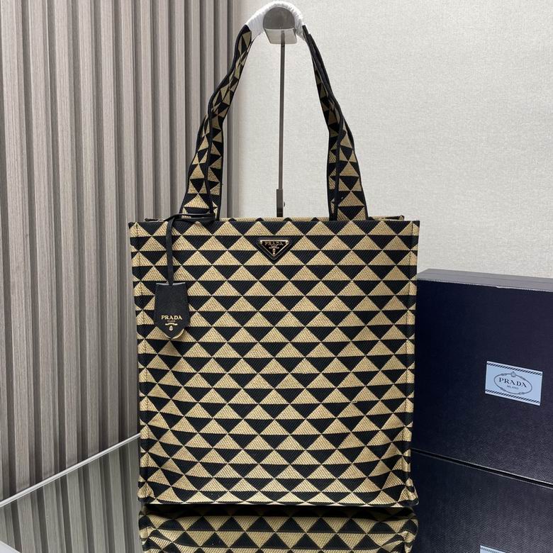 Prada Symbole Tote Bag in Black and Beige Embroidered Jacquard Fabric