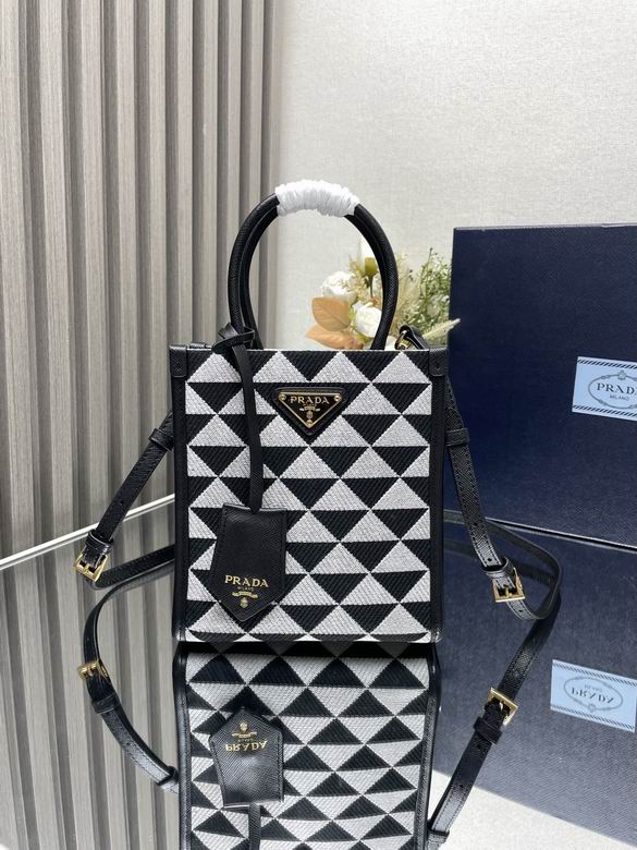 Prada Symbole Mini Tote with Crossbody Strap in Black and White Triangle Jacquard