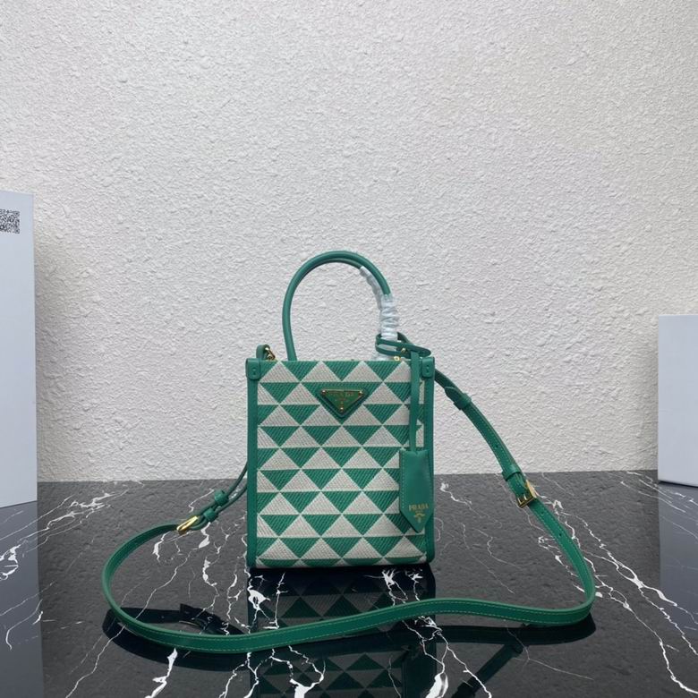 Prada Symbole Small Tote Bag in Green Triangle Embroidered Fabric