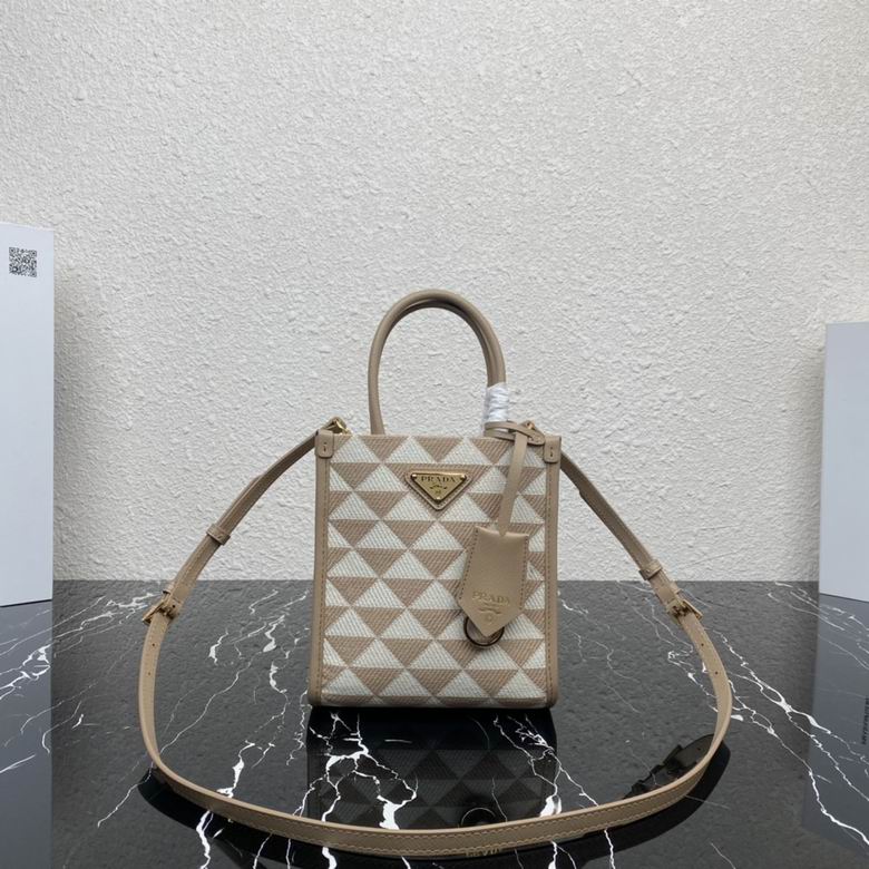 Prada Symbole Small Tote Bag in Beige and White Triangle Jacquard