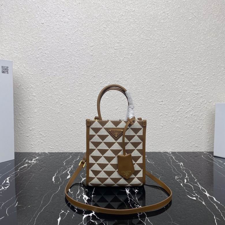 Prada Symbole Small Tote Bag in Tan and White Triangle Embroidered Fabric