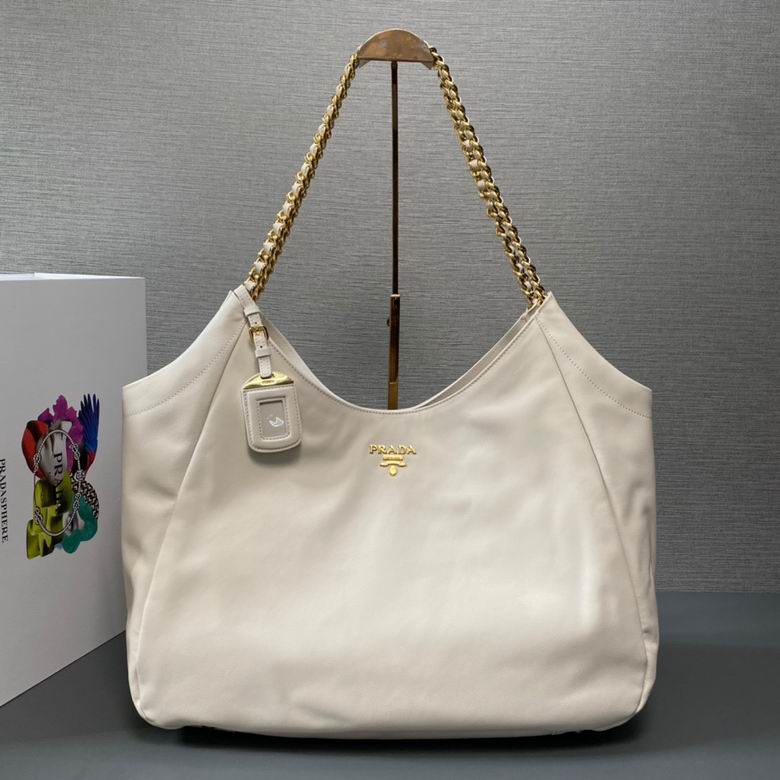 Prada 1BA638 Chain-Strap Shoulder Bag in Cream Leather with Gold Hardware