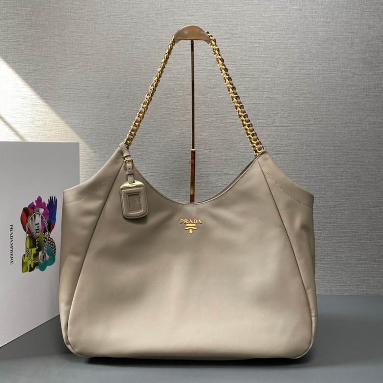 Prada 1BA638 Chain-Strap Shoulder Bag in Beige Leather
