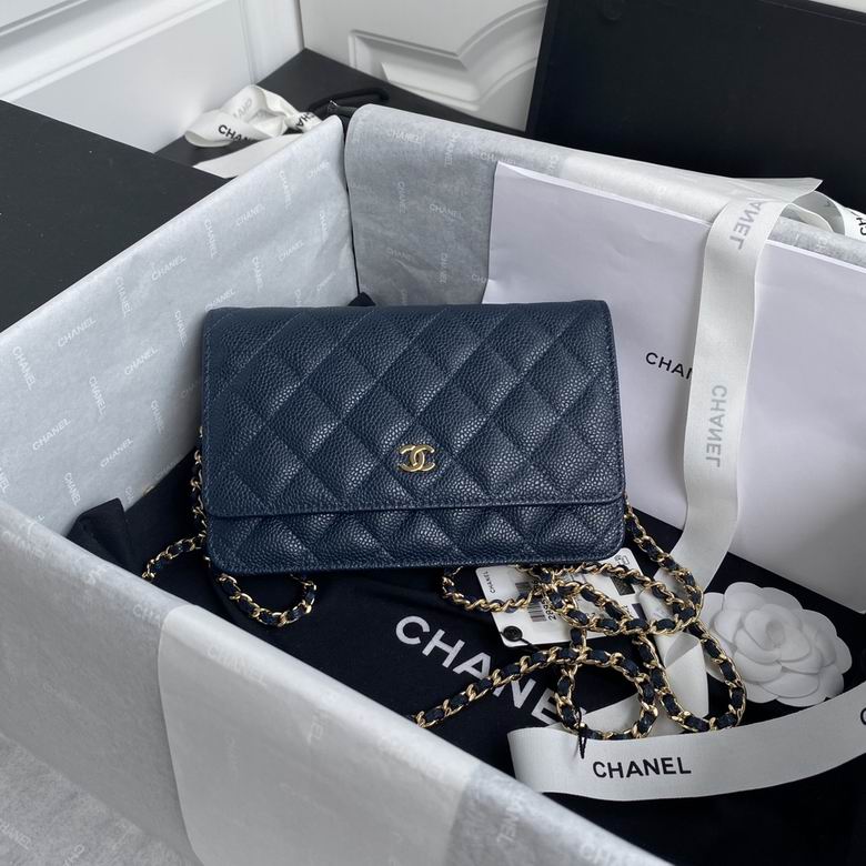 Chanel Classic Wallet on Chain in Navy Blue Quilted Grained Calfskin