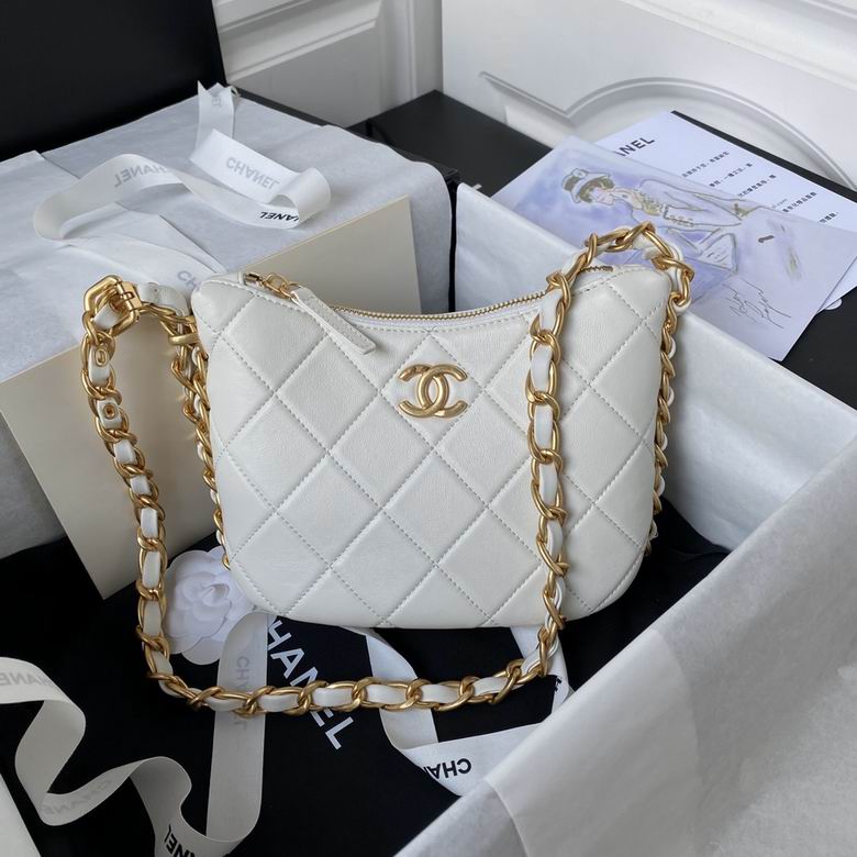 Chanel AS4443 Quilted Hobo Bag with Gold Chain Strap in White