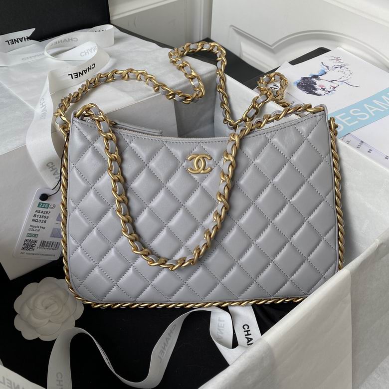 Chanel AS4287 Quilted Hobo Bag with Chain Trim in Light Gray Leather