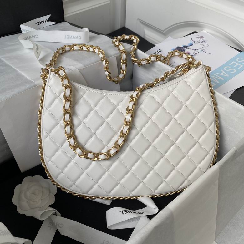 Chanel Quilted Hobo Bag with Gold Woven Chain Straps in White Leather