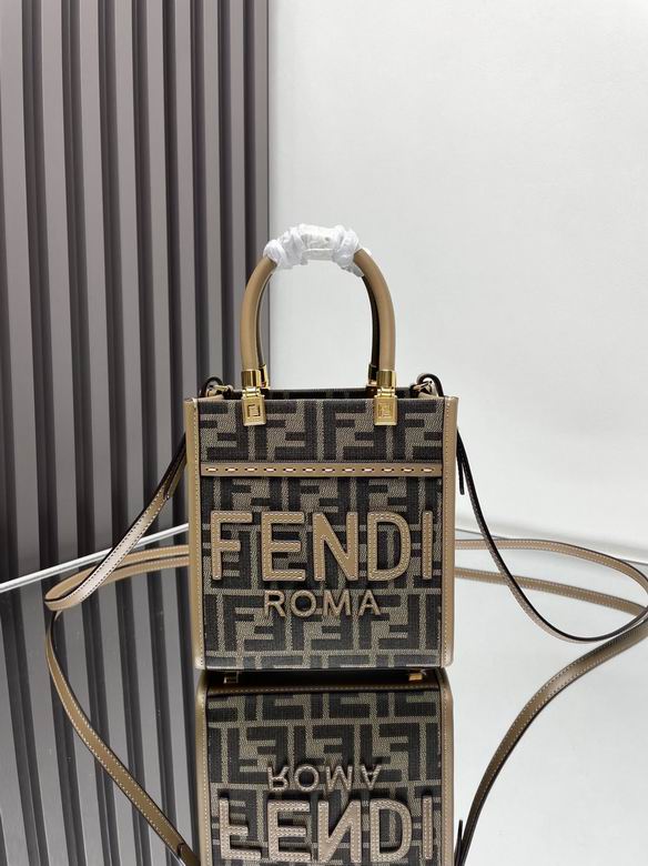 Fendi Sunshine Mini Shopper Tote in Brown FF Jacquard with Tan Leather