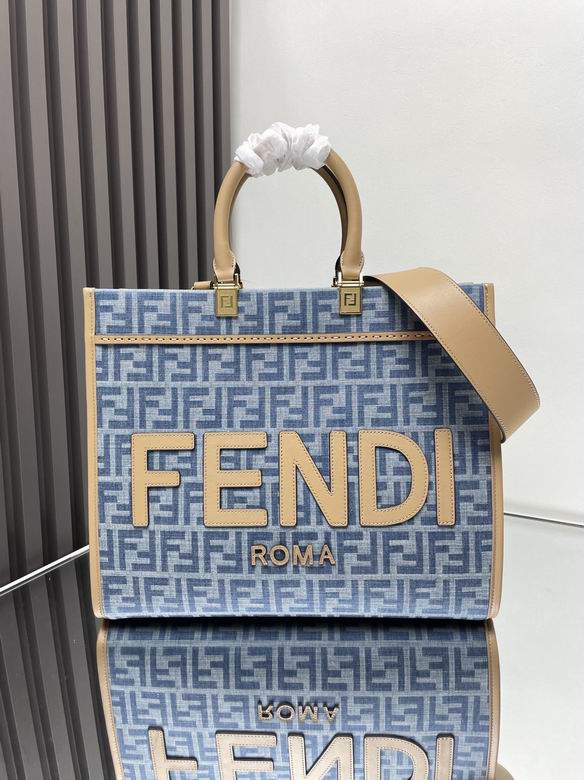Fendi Sunshine Medium Tote Bag in Blue FF Denim Jacquard with Tan Leather
