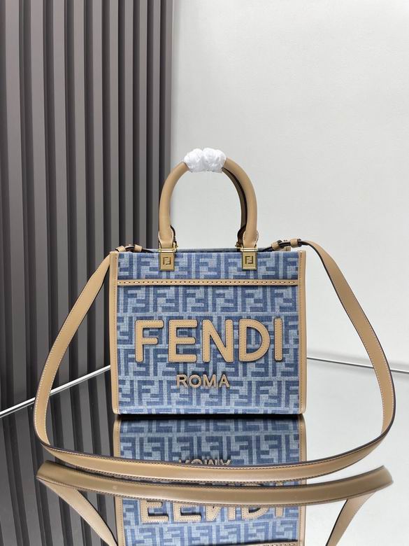 Fendi Sunshine Small Tote in Blue FF Denim Jacquard with Tan Leather