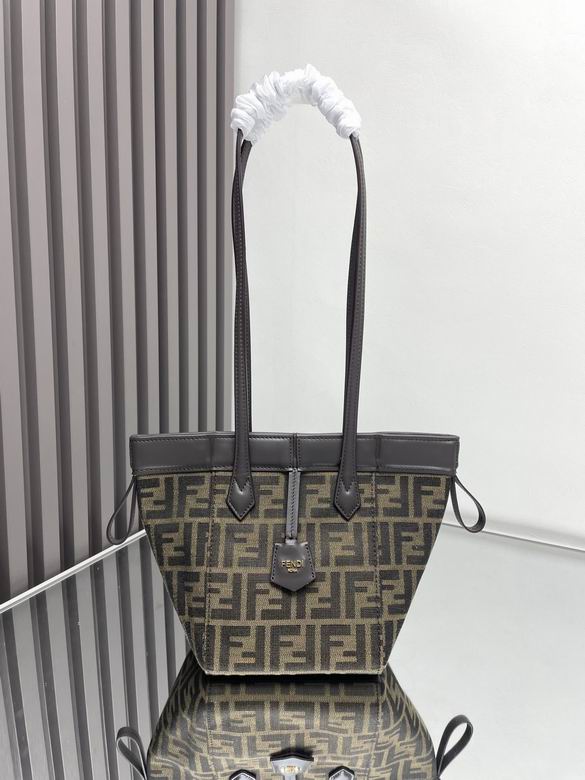 Fendi Origami Small Tote Bag in Brown FF Jacquard Fabric with Leather Trim