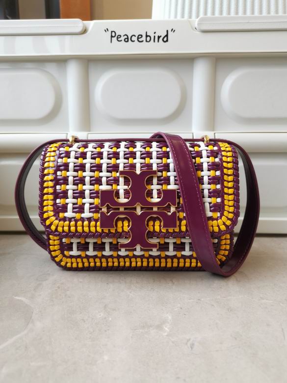 Tory Burch Eleanor Small Woven Shoulder Bag in Plum with Yellow and White