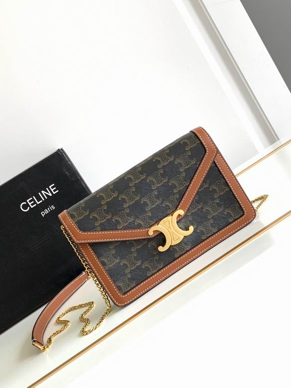 Celine Triomphe Wallet on Chain Crossbody Bag in Triomphe Canvas with Tan Trim