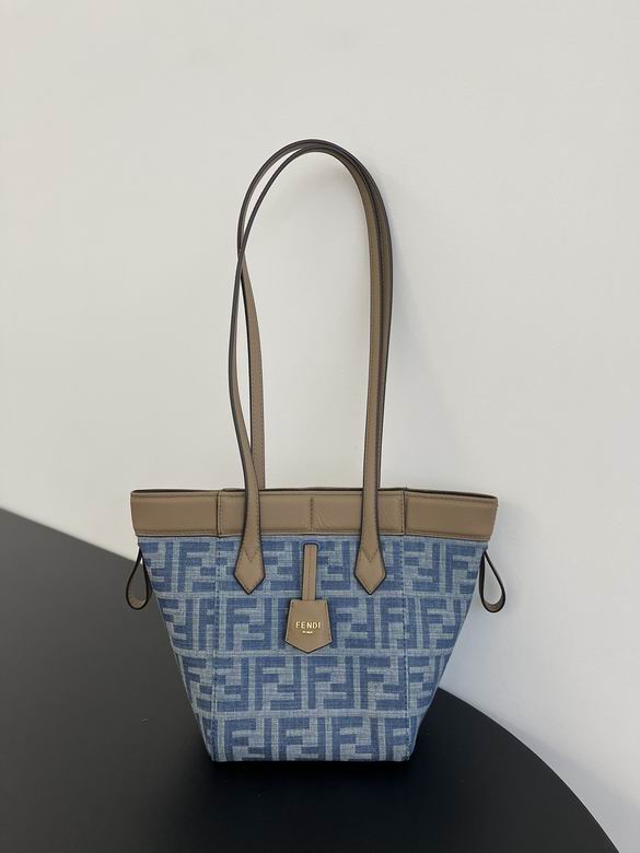 Fendi Origami Small Tote Bag in Blue FF Denim Jacquard with Taupe Leather