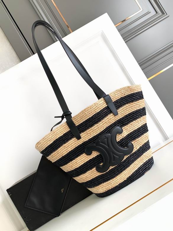 Celine Classic Panier Small Tote in Striped Raffia with Triomphe Emblem