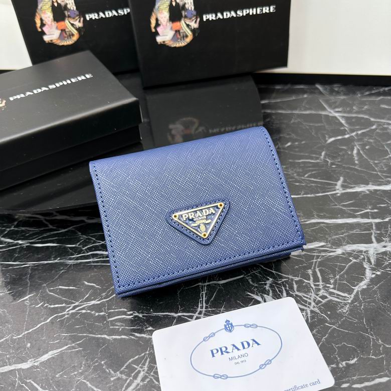 Prada Small Tri-Fold Wallet in Blue Saffiano Leather with Triangle Logo