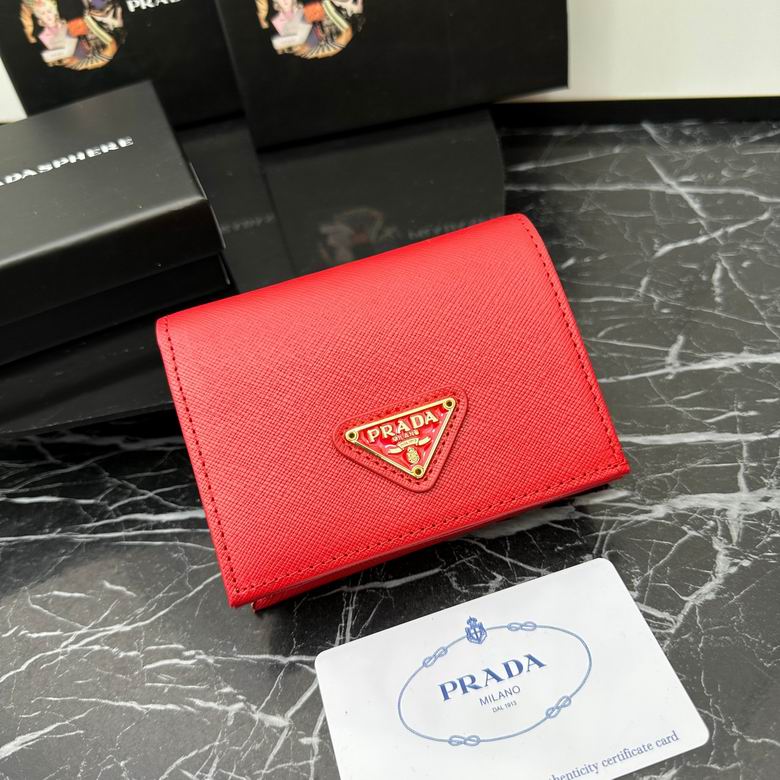 Prada Small Compact Wallet in Red Saffiano Leather with Triangle Logo