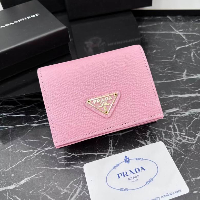 Prada Small Bi-Fold Wallet in Pink Saffiano Leather with Triangle Logo