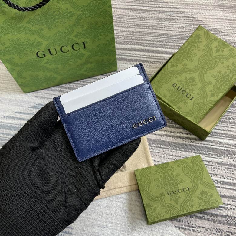 Gucci Card Case with Gucci Logo Lettering in Navy Blue Grained Leather
