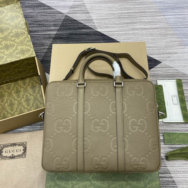 Gucci Jumbo GG Briefcase Top-Handle Bag in Taupe Embossed Leather