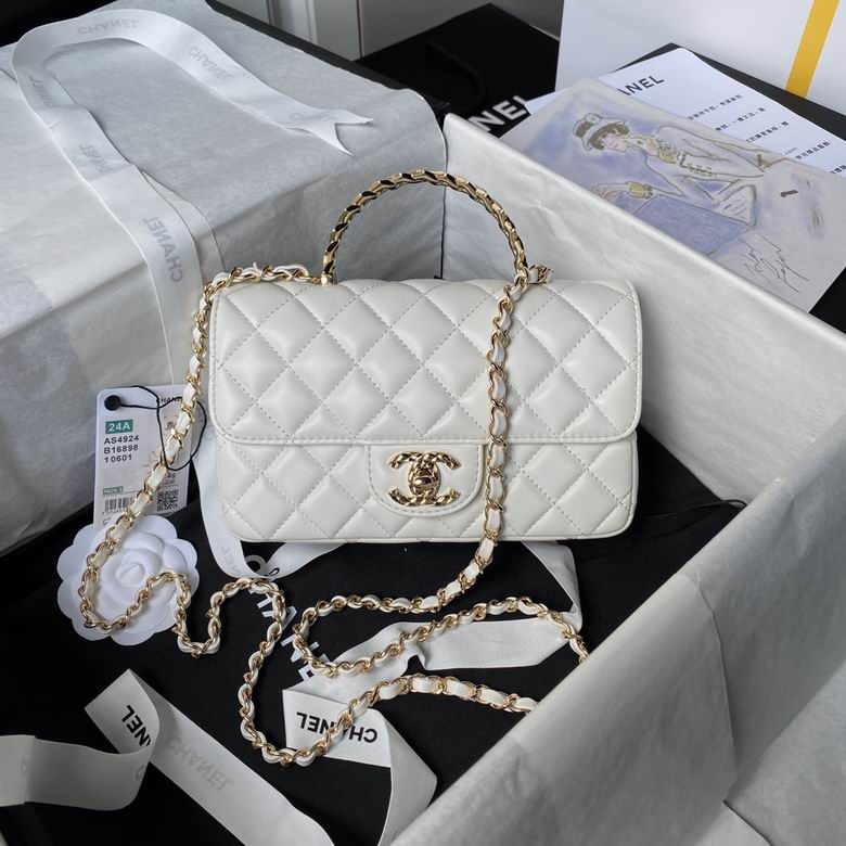 Chanel Mini Flap Bag with Top Handle in White Quilted Lambskin, Gold Hardware