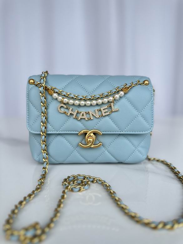 Chanel Mini Flap Bag with Pearl and Logo Charm Chain in Light Blue Lambskin