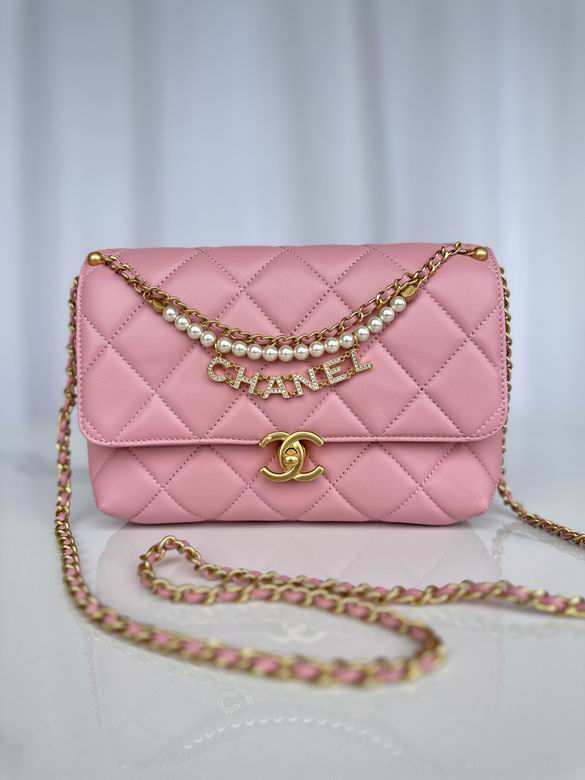 Chanel AS5011 Quilted Flap Shoulder Bag with Pearl Chain and Logo Charm in Pink